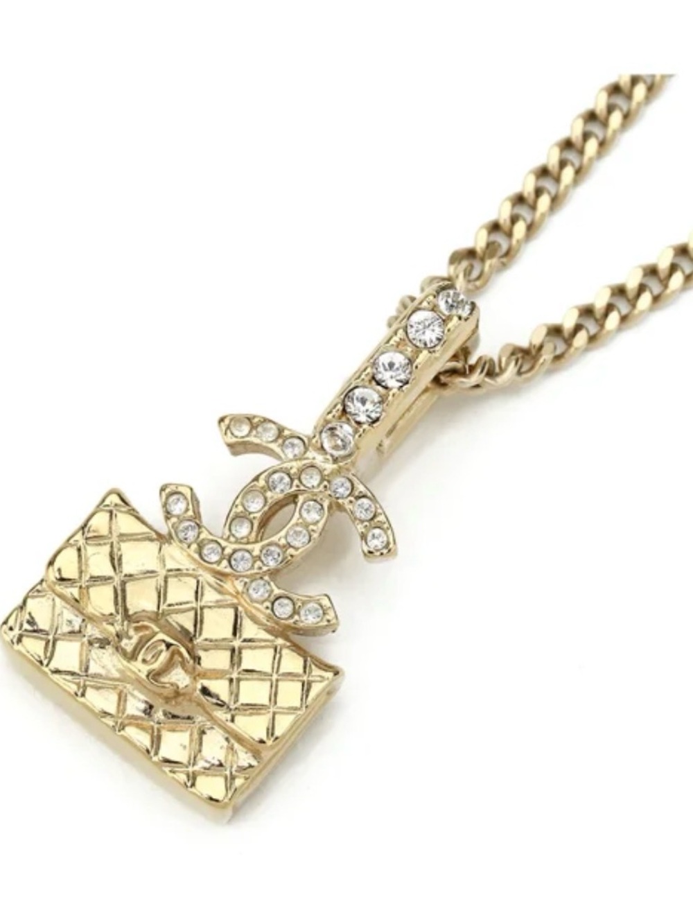 Chanel Gold-Tone Quilted Handbag Pendant Necklace with Crystals